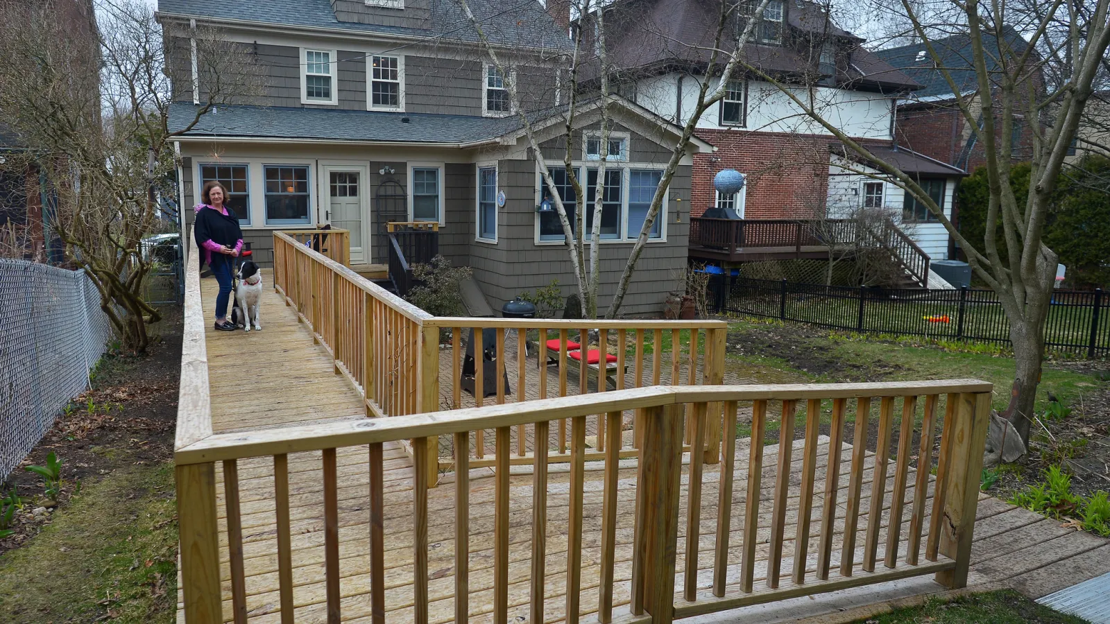 Accessible bath with roll-in shower and grab bars